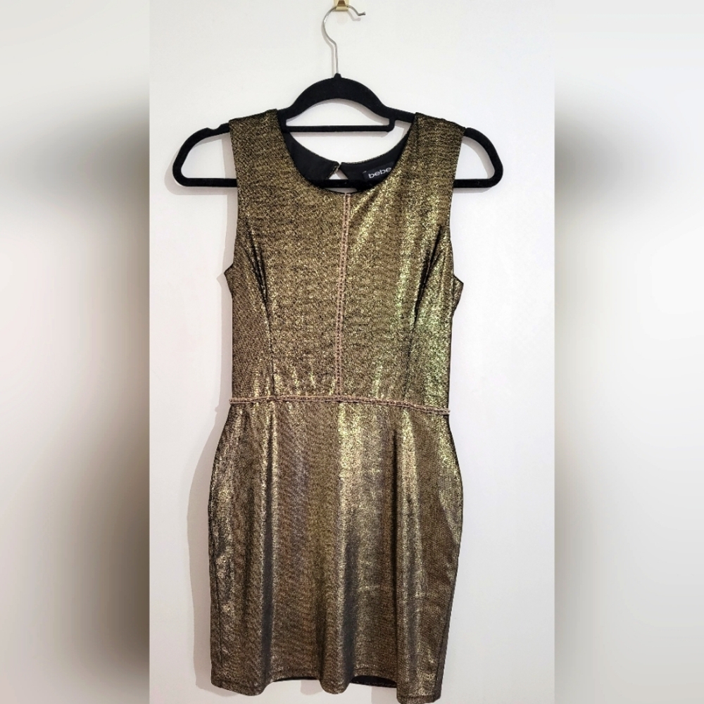 Bebe Open-Back Metallic Gold and Black Dress, NWT Size Small